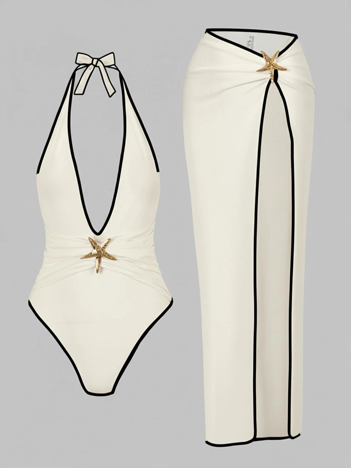 2 Piece Swimsuits for Elegant Women Starfish One Piece Bathing Suits with High Split Skirt Cover ups Sexy Halter Bikini Sets K59