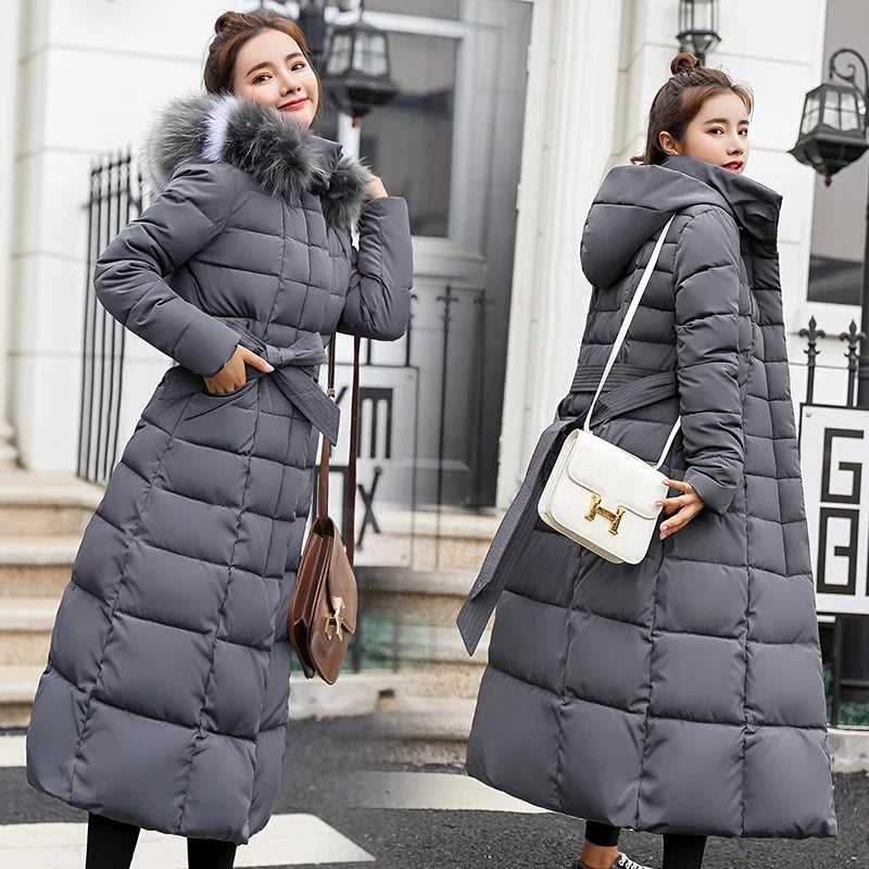 2025 Winter Women's Jacket Warm Fashion Comfortable Bow Belt Fox Fur Collar Clothes Long Dress Office Casual Women's Thick Coat