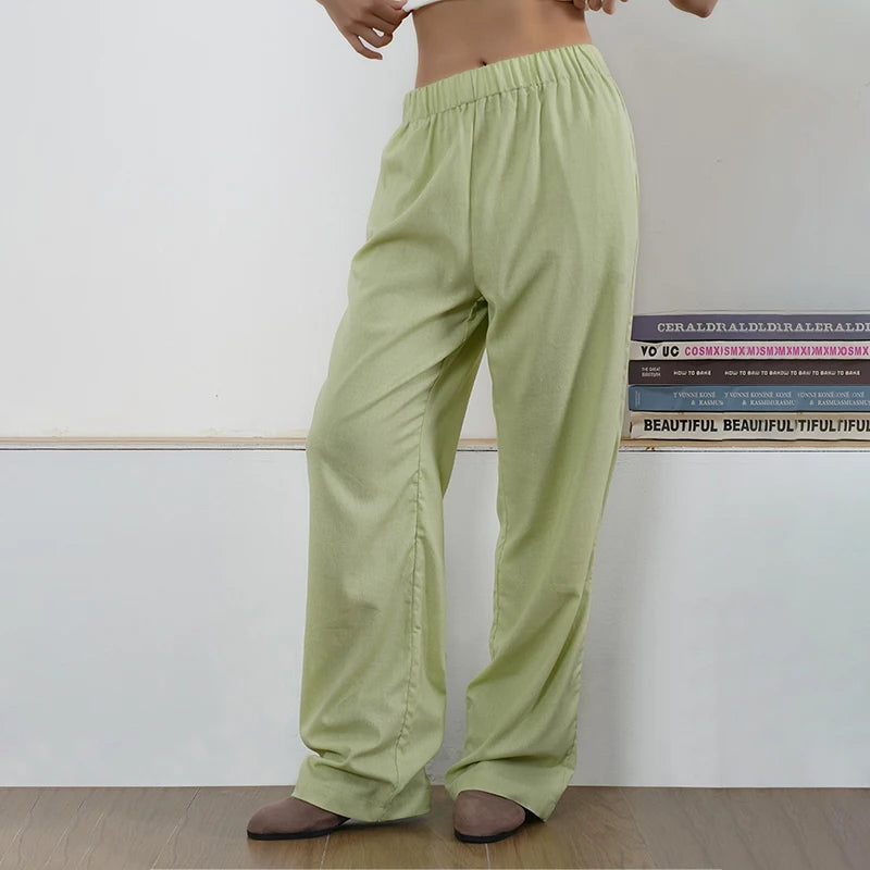 New Trendy Striped Print Long Pant Women Elastic Waist Drawstring Wide