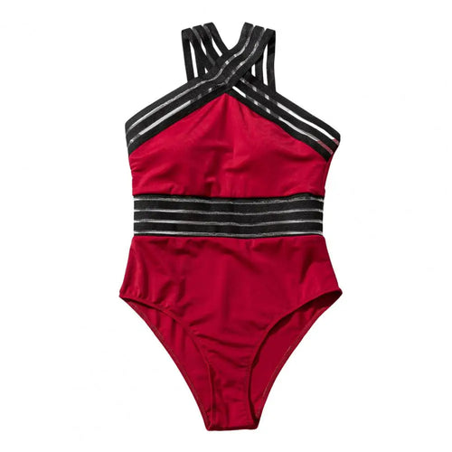 One-piece Swimsuit Mesh Splicing Monokini for Women High Waist