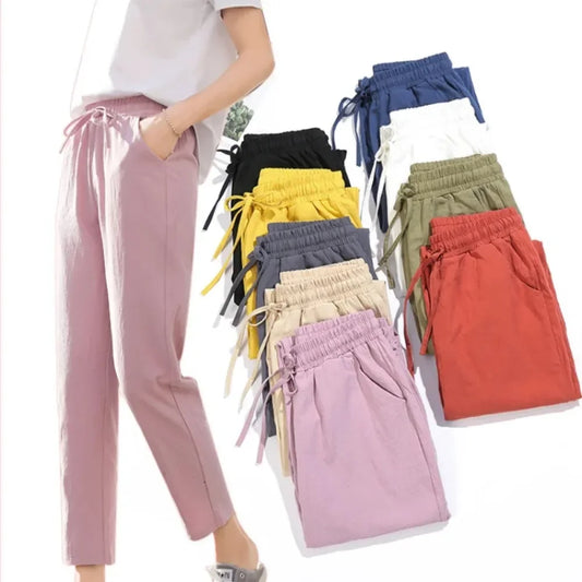 Womens Spring Summer Pants Cotton Linen Solid Elastic waist Candy