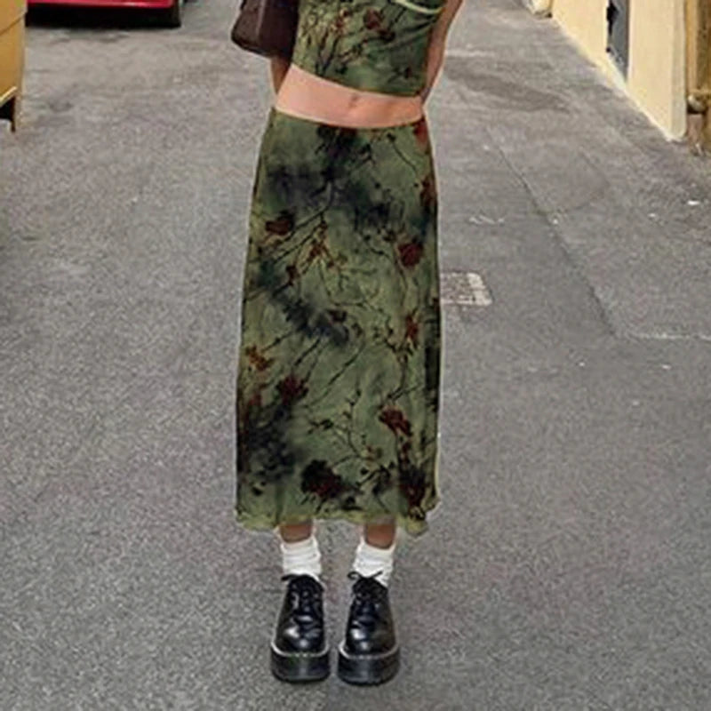 CIBBAR Harajuku Floral Print Long Skirt Vintage Low Rise Straight Midi