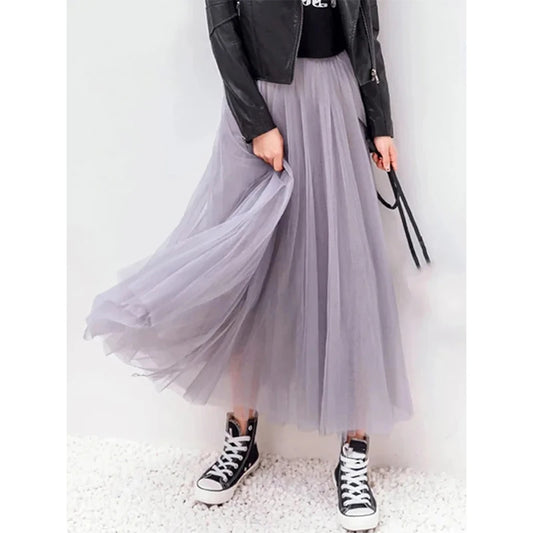 Vintage Tulle Skirt Women Streetwear Elastic High Waist Mesh Pleated
