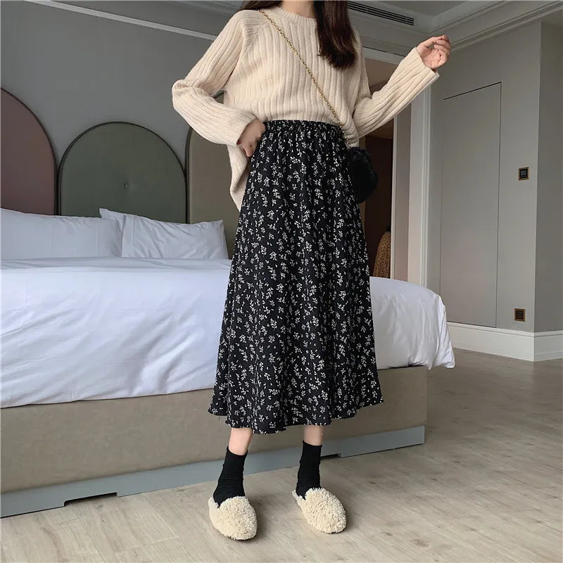 Vintage Floral Print A-line Pleated Long Skirts Summer Women 2023