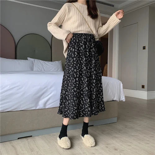 Vintage Floral Print A-line Pleated Long Skirts Summer Women 2023