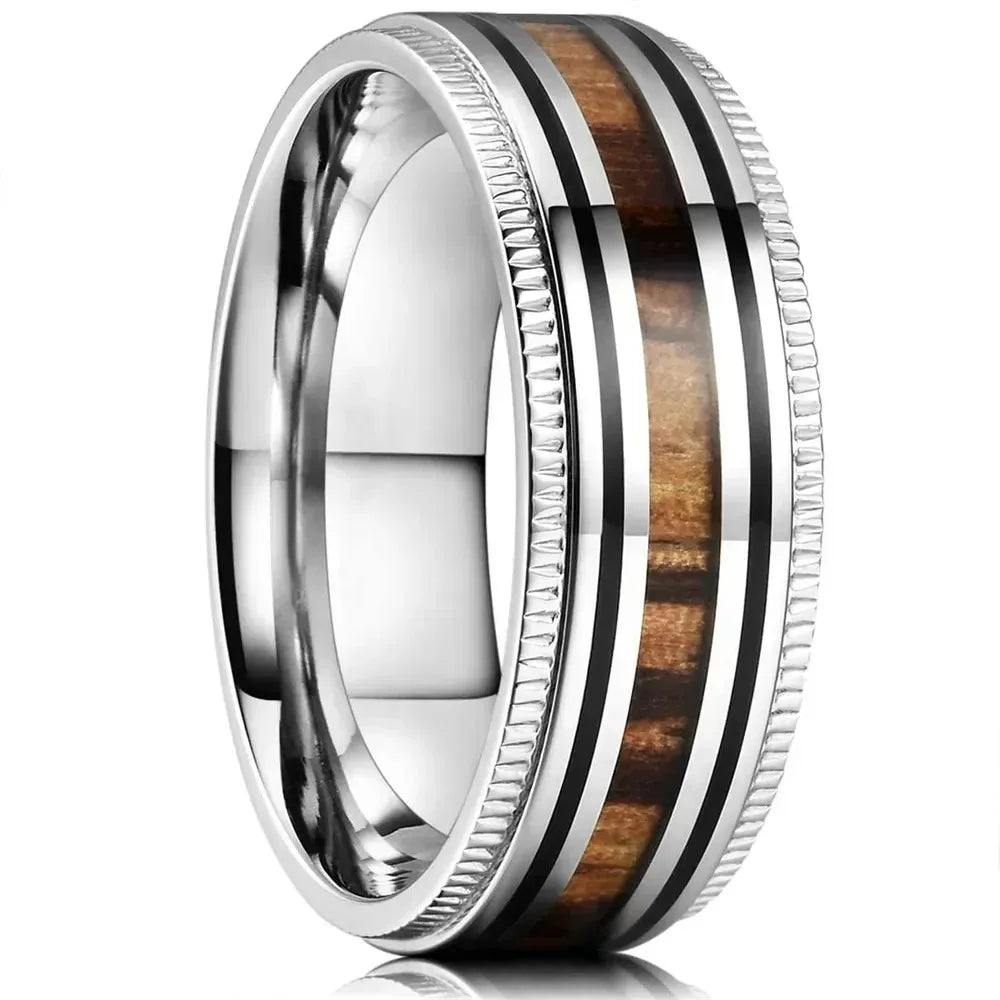 Fashion 8mm Black Stainless Steel Guitar String Rings for Men Whiskey Barrel Wood Inlay Guitarist Ring Men Wedding Band Jewelry