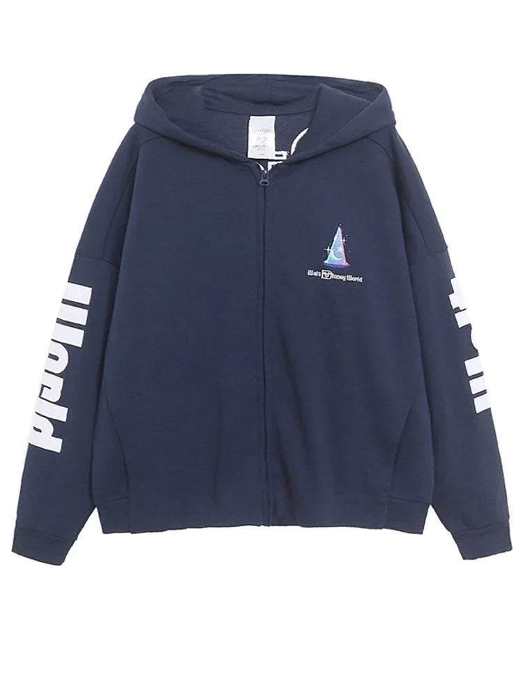 Disney World Castle Letter Magic Mickey Mouse Cartoon Print Embroidery Fleece Sweatshirt Women Hooded Zipper VELOUR Jumper Top