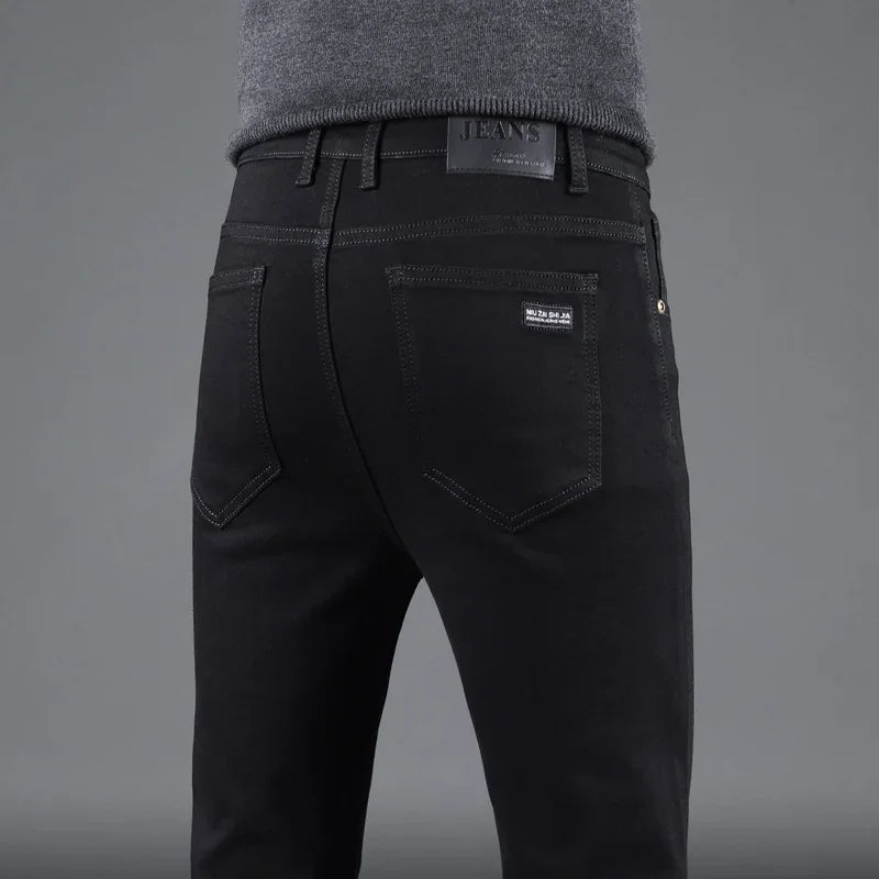 Spring Autumn New Men's Pure Black Slim Jeans Elastic Straight Pants