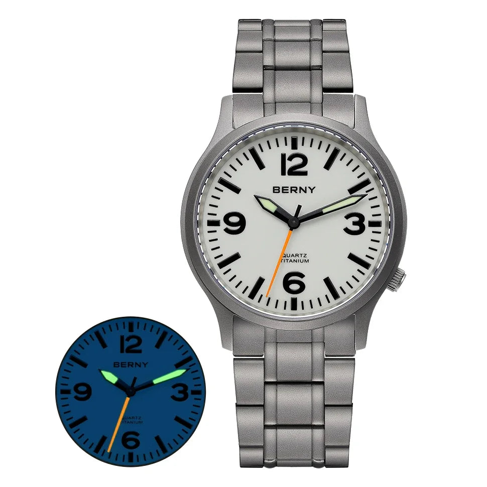BERNY Full Titanium Watches for Men Super Luminous Sapphire Sports Field Quartz Men's Watch VH31 Pilot Wristwatch 5ATM Easy Read
