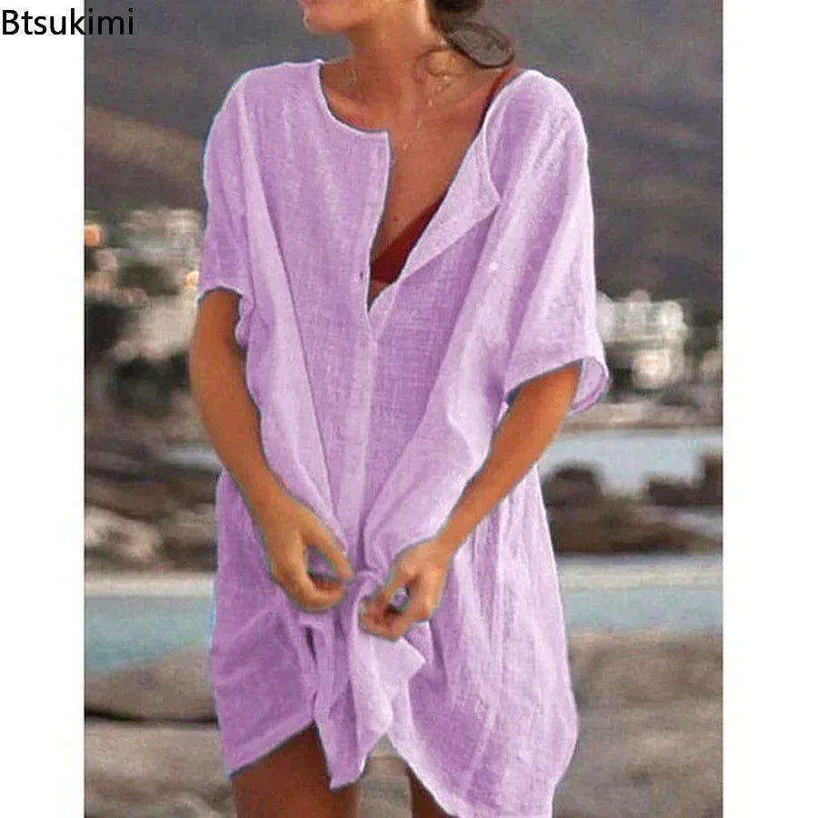 2024 Women's Cotton Linen Beach Dress Solid Summer Casual Cover-ups