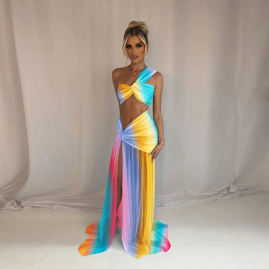 One Shoulder Bikini with Slit Skirt Top Sweet Waist Long Skirt Suit Swimsuits Women Bathing Suits Summer Beachwear Biquini