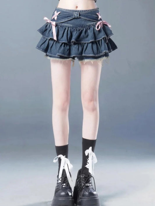 Blue Denim Pleated Skirt Bow Fold Design Women's A-line Short Skirt