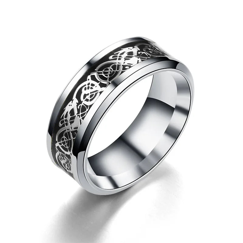 20 Colors Men Jewelry Red Blue Black Dragon Inlay Comfort Fit Stainless Steel Rings For Wedding Wide 8mm