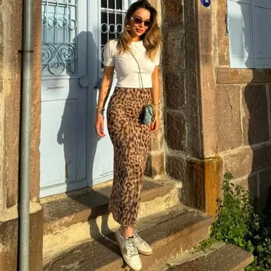 TRAF Leopard Long Skirts Women's 2024 Spring Summer Autumn Elegant