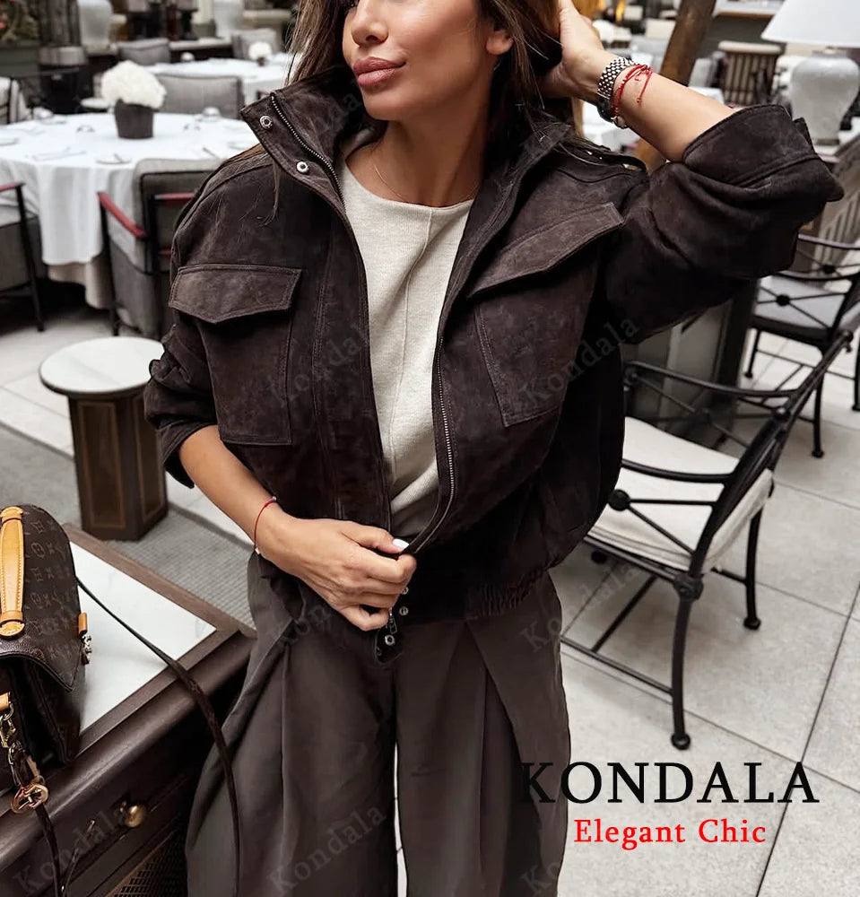 KONDALA Autumn Women Elegant Suede Jacket Stand-up Collar Grey Zipper Loose Jacket 2025 Fall Winter Streetwear Lady Jacket