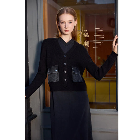 AP Women 2026 Autumn and Winter Denim V-neck Dress Knitting Cardigan Mock Neck Modal Shirt