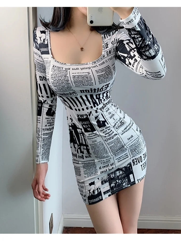Hot-selling Printed Europe Newspaper Sexy Mini Dress 2020 Autumn New