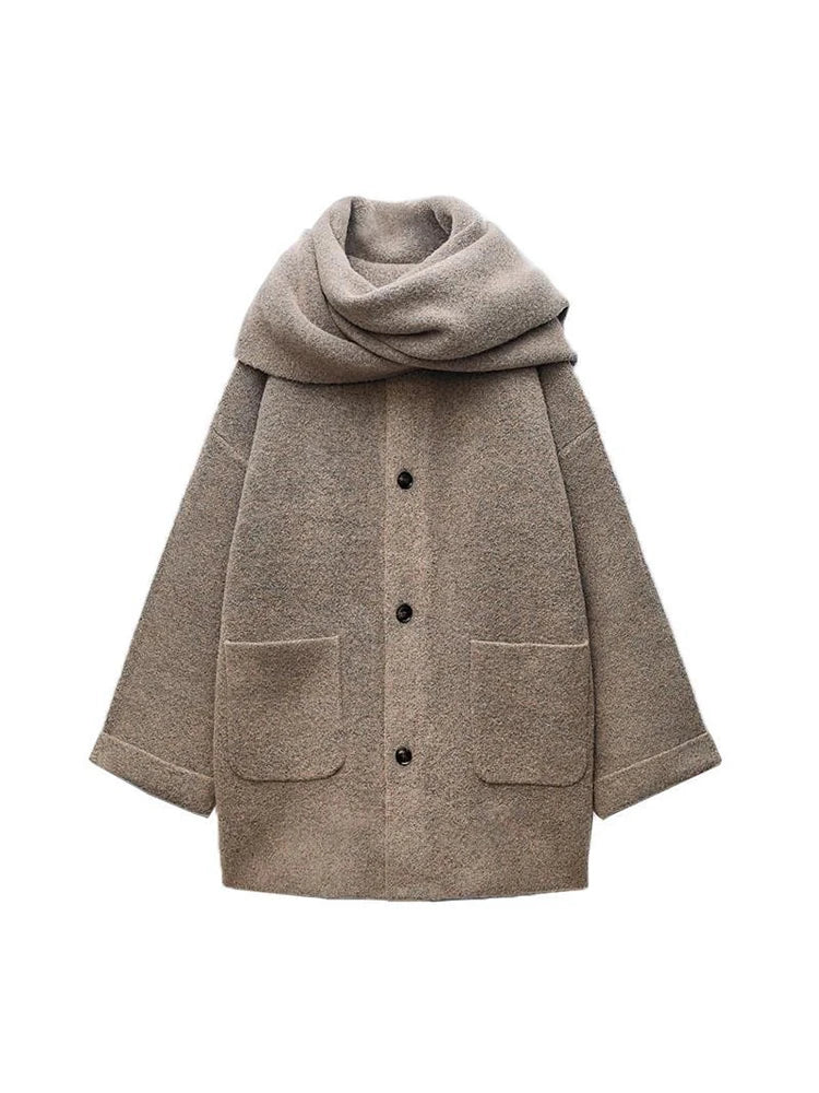 Women's Knitted Cardigan with Scarf Slim Casual Jacket Long Sleeve Patchwork Pocket Jacket Elegant Office Women's Sweater