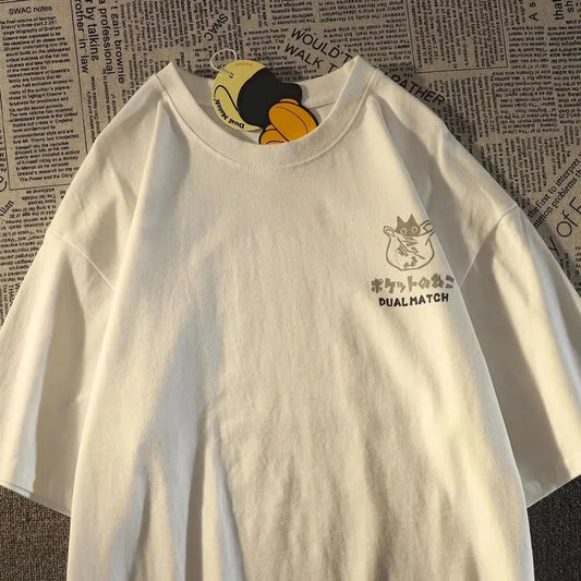 Summer Japanese Retro Pocket Cat Cartoon Printed Short Sleeve T-shirt