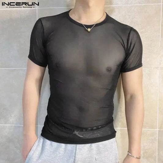 2024 Men T Shirts Mesh Transparent O-neck Short Sleeve Streetwear Men
