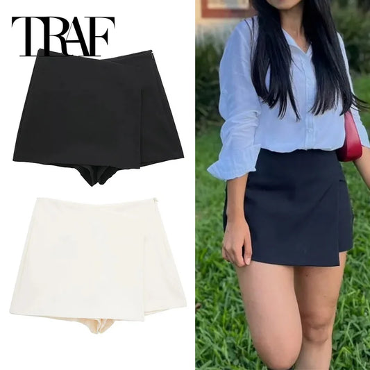 TRAF 2024 Asymmetric Skort For Women Black High Waist Mini Skirt
