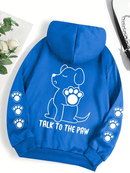 Talk To The Paw Funny Dog Cartoon Print Hoodie Women Warm Fleece Hoody