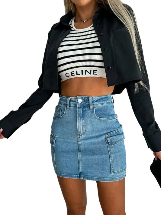 2023 Summer New Women Denim Pocket Workwear Short Skirt Fashion High