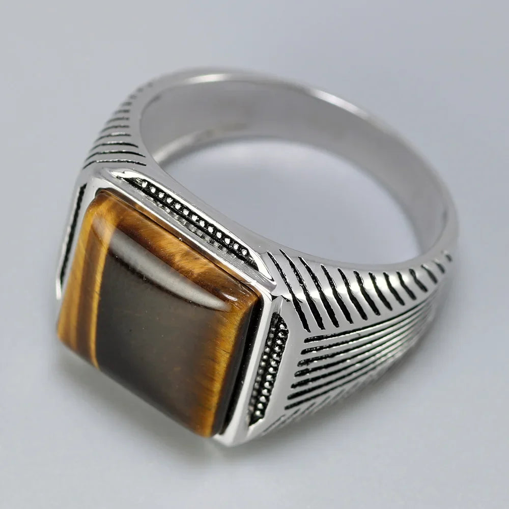 Authentic Sterling Silver 925 Man Ring With Tiger Eyes Fine Jewelry Stripe Pattern Natural Stone Cool Retro Punk Ringen