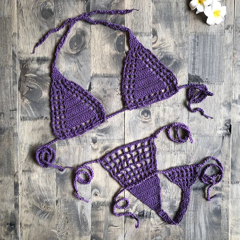 CROCHET BIKINI Mini Micro G-strings Thongs Sexy Bikini Bottom Women Swimwear Crochet Cotton Brazilian Side String Tie Thong