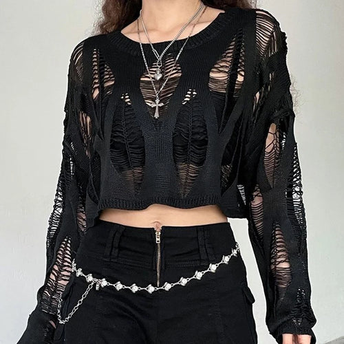 ITOOLIN Women Hole Hollow Out Y2K T-shirts Batwing Sleeve Knitted