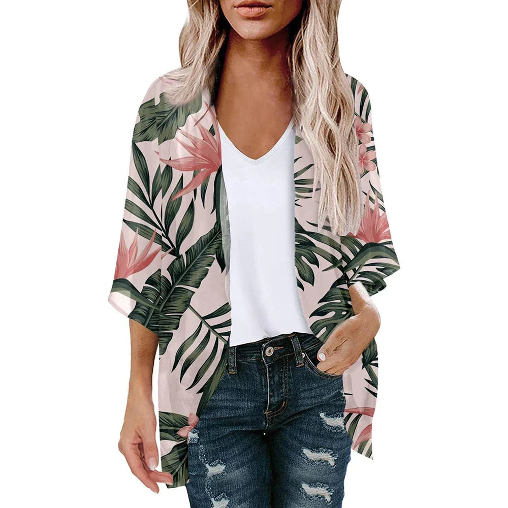 New Women Chiffon Blouse Kimono Tops Cardigan Leaves Print Beach Blouse Shawl Loose Hawaiian Outwear Swim Cover Up  Beach Wear