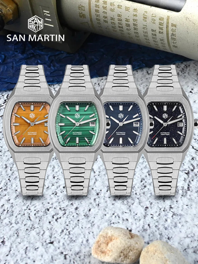 San Martin 39.5mm Tonneau Luxury Men Watch Mineral Dial Casual Sports PT5000 SW200 Automatic Mechanical Sapphire Luminous SN0145