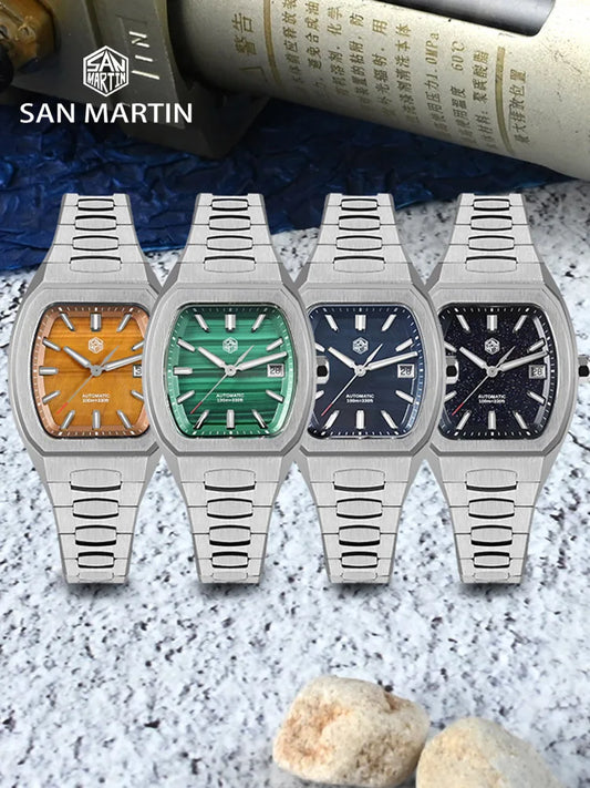 San Martin 39.5mm Tonneau Luxury Men Watch Mineral Dial Casual Sports PT5000 SW200 Automatic Mechanical Sapphire Luminous SN0145