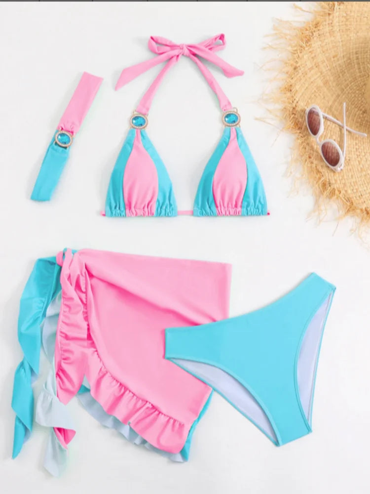 Sexy Skirt 4 Pieces Bikini Set Women Luxury Blue Patchwork Rhinestone Push Up Cover Up Swimsuit 2024 Beach Bathing Suit Swimwear