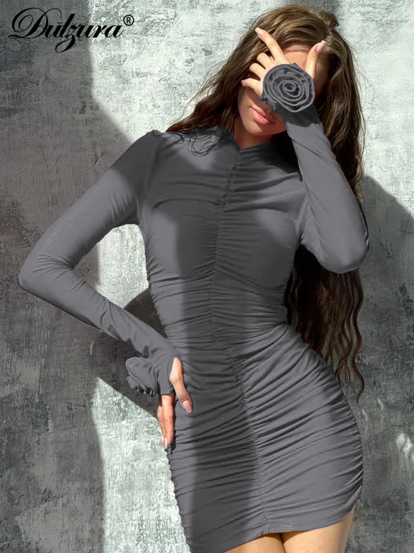 Dulzura O-Neck Long Sleeves Ruched Bodycon Mini Dress Women’S Solid