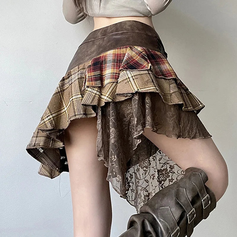 American Retro Asymmetrical Women’s Mini Skirts Lace Stripes Plaid