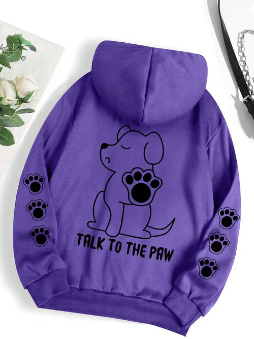 Talk To The Paw Funny Dog Cartoon Print Hoodie Women Warm Fleece Hoody