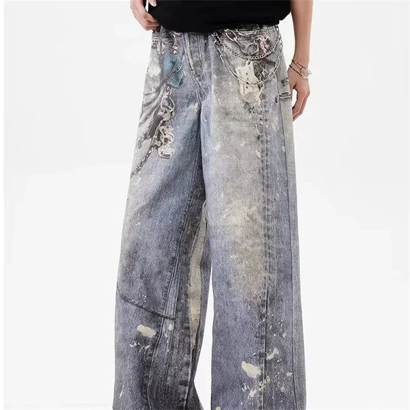 New 3D Chain Printed Baggy Jeans For Men And Women Casual Baggy