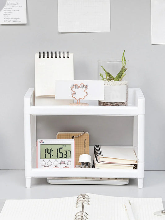 1PC PP Desktop Double Layer Storage Rack Rectangular White Organizing
