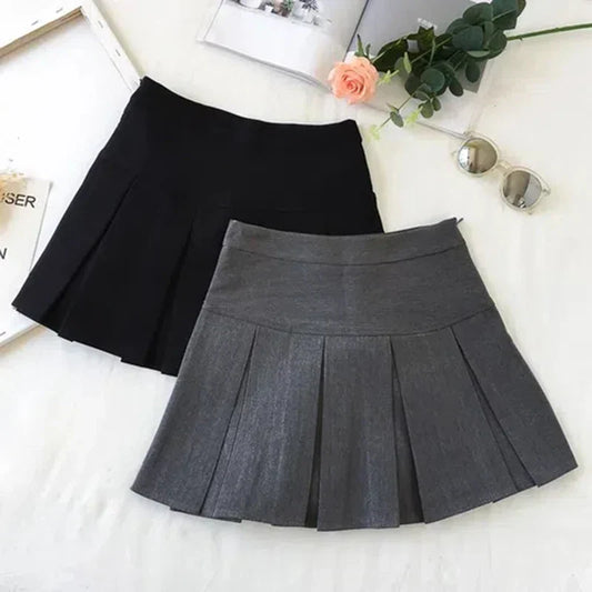 Fashion A Line Women Pleated Skirt High Waist Zipper Grey Student Mini
