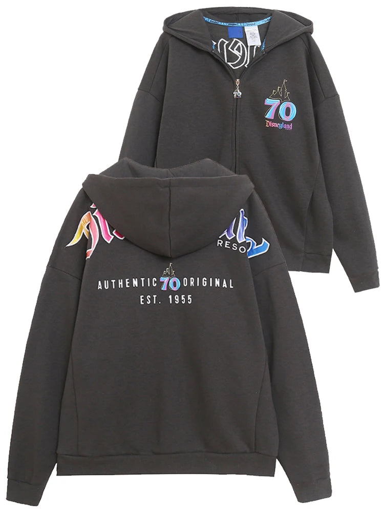 Disneyland 70th Anniversary Castle Mickey Mouse Cartoon Print Embroidery Fleece Sweatshirt Women Hooded Zipper VELOUR Jumper Top