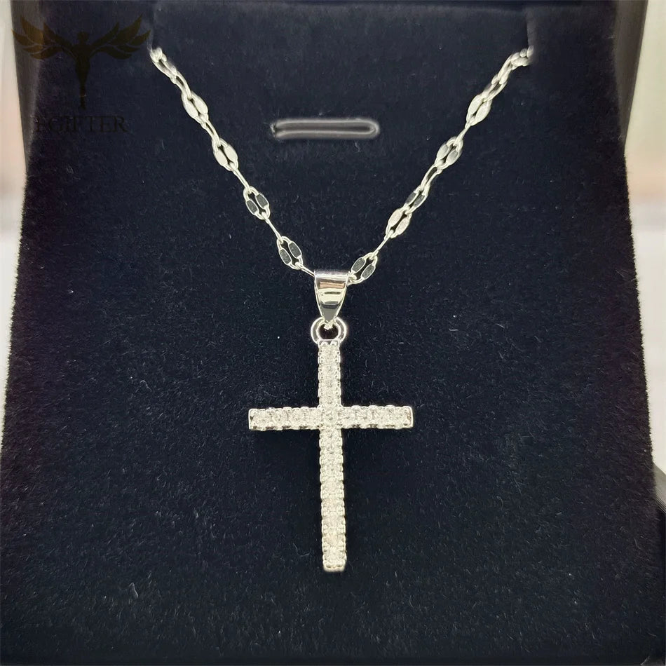Personality Cool Cross Pendants Zircon Copper Steel Necklace for Women Men Summer Party Clavicle Chain Christian Jewellery Gifts