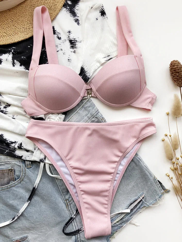 Sexy Ribbed Bra Cup High Waist Bikini Women Swimsuit Female Swimwear Two Pieces Bikini set Push Up Bather Bathing Suit Swim Lady