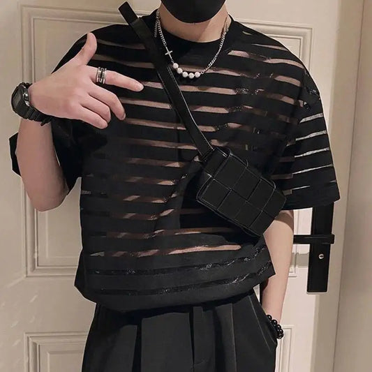 2023 Men T Shirt Mesh Striped O-neck Short Sleeve Transparent Men