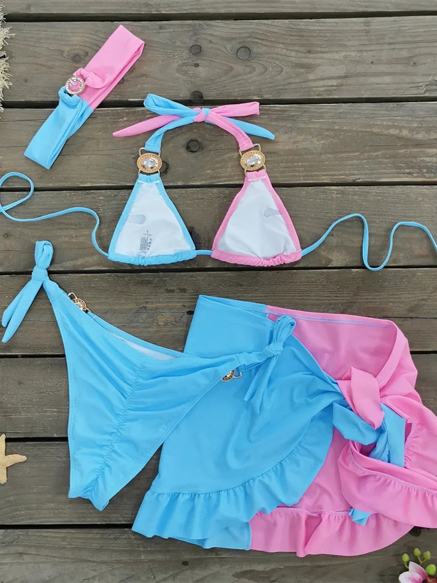 Sexy Skirt 4 Pieces Bikini Set Women Luxury Blue Patchwork Rhinestone Push Up Cover Up Swimsuit 2024 Beach Bathing Suit Swimwear