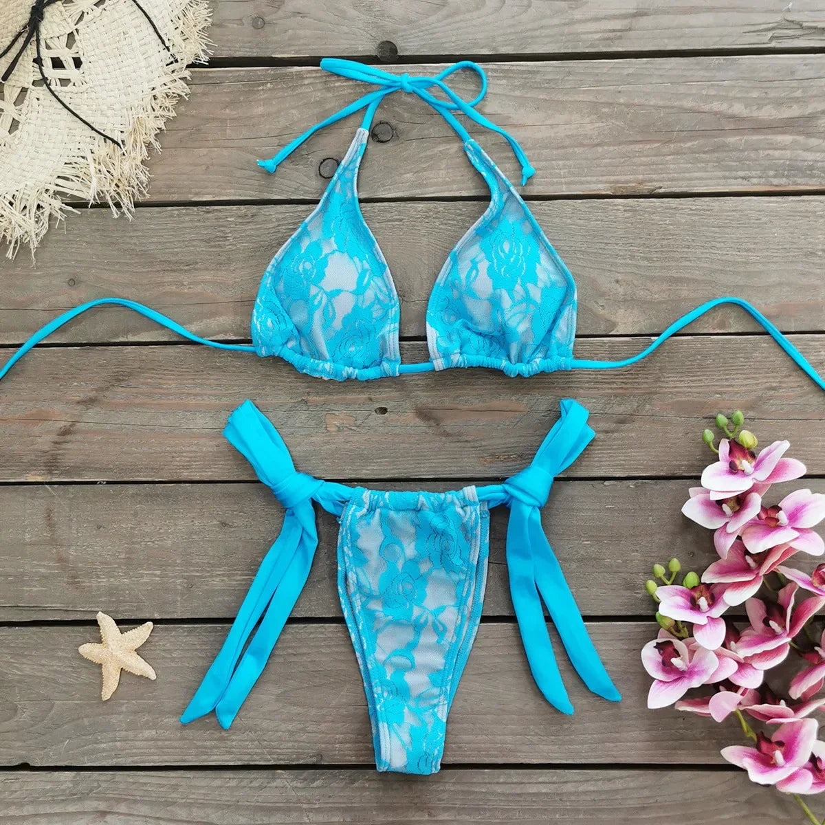 Lace Patchwork Bikinis Micro Thong Swimwear with Long Sleeve Cover Up Side Bandage Beach Bathing Suit Halter String Swimsuits