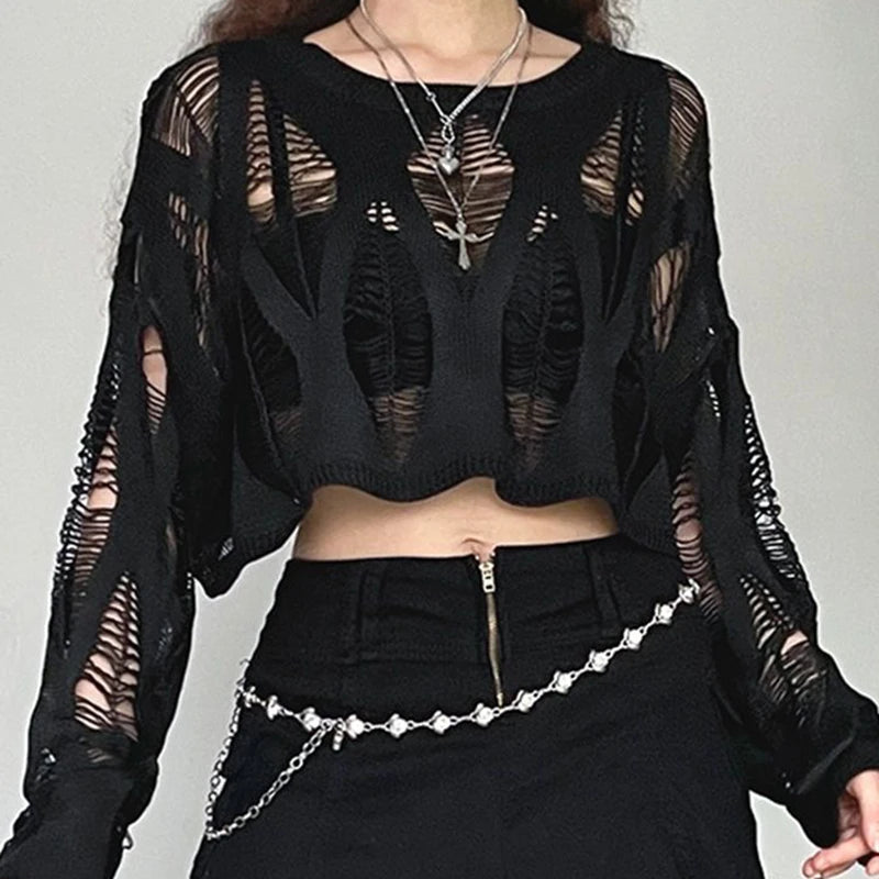 ITOOLIN Women Hole Hollow Out Y2K T-shirts Batwing Sleeve Knitted