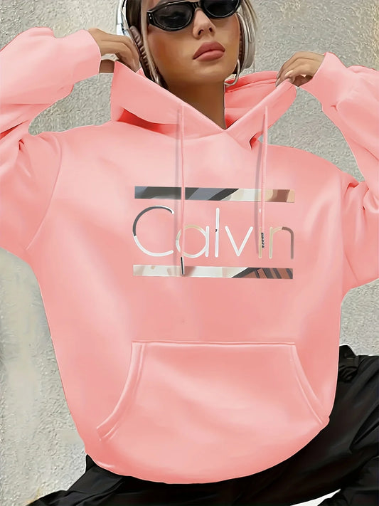 Women'S Vintage Inspired Calvin Letter Print Hoodie Long Sleeve Kangaroo Pocket with Calvin Design Casual Wear Hoodie Vintage