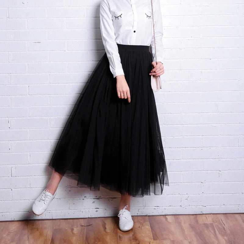 Vintage Tulle Skirt Women Streetwear Elastic High Waist Mesh Pleated