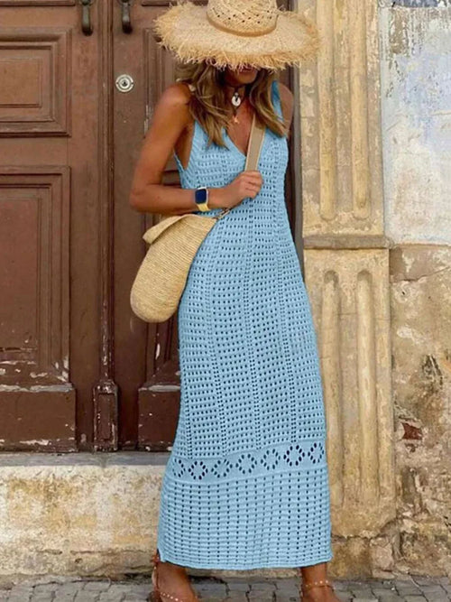 S - XL 2025 V Neck Hollow Out Crochet Knitted Tunic Beach Cover Up